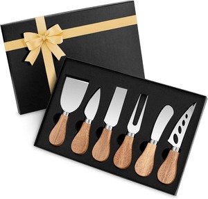 Ensemble de 6 couteaux à fromage en acier inoxydable avec manche en bois, ustensiles de service pour le fromage, coffret cadeau, ensemble de couverts - Product Image 1