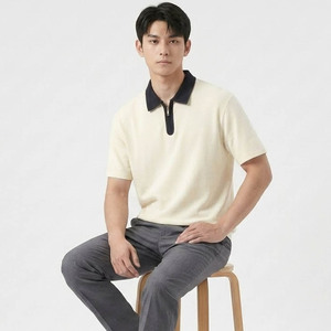 T-shirt en jersey de coton à manches courtes pour homme, avec fermeture éclair, couleur unie, design décontracté, coupe classique, tissu tricoté respirant - Product Image 6