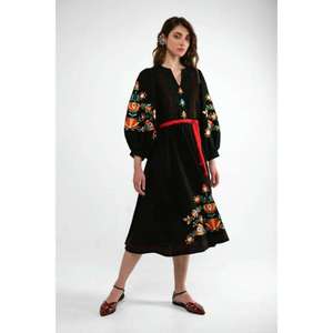 Robe midi en coton brodé jaune style bohème pour femme, col en V, manches bouffantes, ceinture à nouer avec pompons, robe ethnique - Product Image 4