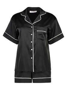 Ensemble de pyjama pour femmes à manches courtes, bordure blanche, coupe classique, 2 pièces, satin, décontracté, été, printemps, taille élastique, respirant - Product Image 4