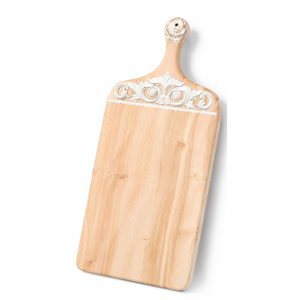 Planche à découper élégante en bois clair avec un motif en relief blanc orné et une poignée profilée robuste avec œillet de suspension - Product Image 2