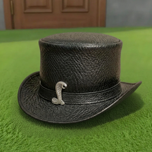 Premium quality custom made Handmade Black Leather <b>Top</b> Hat Gothic Steampunk with Metal Emblem Cosplay Festival Style - Product Image 2