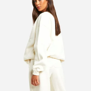 Conjunto Deportivo de 2 Piezas para Mujer, Felpa Crema, Cuello Redondo, Corte Holgado, Casual, Sudadera y Pantalones Largos de Color Sólido - Product Image 4