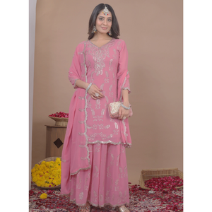 Glamorous Georgette Glitter <b>Sequin</b> Top Pack <b>Flared</b> Bottom Palazzo With Long Dupatta Stitched Three Piece Partywear Suit - Product Image 1
