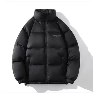 Men's Black Puffer Jacket Stand Collar Zipper Closure Windproof Thick Polyester Filling Solid Color Casual Winter Coat - Product Image 1