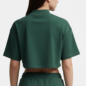 Top Corto de Cuello Alto Verde para Mujer con Logotipo Personalizado, Manga Corta, Color Sólido, Jersey de Algodón, Informal, Transpirable, Tejido, Primavera Verano - Product Image 3
