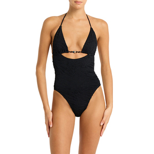 Maillot de bain noir personnalisable pour femme, bikini asymétrique à rayures, maillot de bain une pièce - Product Image 1