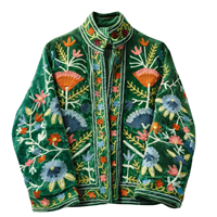 Jaket Bomber Beludru Jahitan Tangan Artisan Bordir Bunga Vintage Kerah Tegak Berlapis Katun Pakaian Luar Mewah