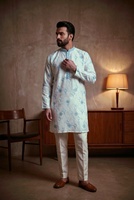 Setelan Kurta Pajama Pria Putih Biru Bermotif Regular Fit Tradisional India Pakistan Panjang Semata Kaki Bebas Kerut