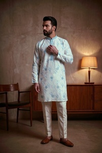 <b>Men</b> White Blue Printed <b>Kurta</b> Pajama Set Regular Fit Traditional Indian Pakistani Ankle-Length Wrinkle Free - Product Image 3