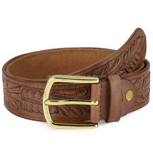 Handcrafted Floral Leaf Design Custom Made Western Leather Hand Tooling <b>Belt</b> <b>for</b> <b>Men</b> with Luxury Gold Plated Metal Buckle - Product Image 1