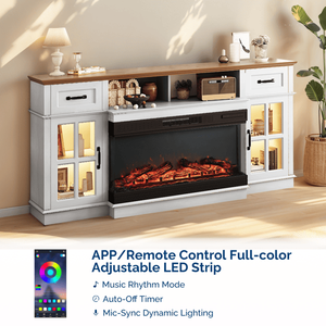 Meuble TV pour foyer de 36 pouces avec dessus brun et armoire blanche délavée, 2 portes, 2 tiroirs, 1 étagère, lumières RGB, console multimédia - Product Image 6