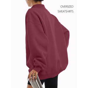 <b>Women's</b> <b>Burgundy</b> Oversized Mock Neck Sweatshirt Striped Long Sleeve Pullover Custom Logo Fleece Knit <b>Top</b> for Autumn - Product Image 5