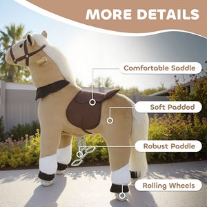 Cavallo di peluche marrone per passeggiate e gioco attivo, giocattolo cavalcabile per bambini dai 3 ai 5 anni con ruote per il gioco all'aperto - Product Image 6