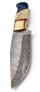 Couteau utilitaire compact artisanal en acier Damas, manche en résine bleu os, poinçon mosaïque en laiton - Product Image 5
