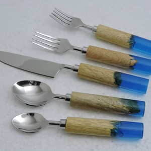 Ensemble de couverts de luxe réutilisables en acier inoxydable, vaisselle, ensemble de couverts, vaisselle, ustensiles en bois et en acier inoxydable - Product Image 1