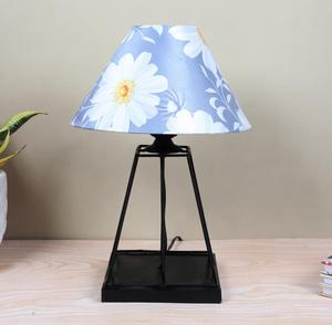 Modern Iron Table Lamp with Blue Floral Fabric Cone Shade Warm White LED <b>Light</b> for Bedroom Decorative <b>Lighting</b> - Product Image 2
