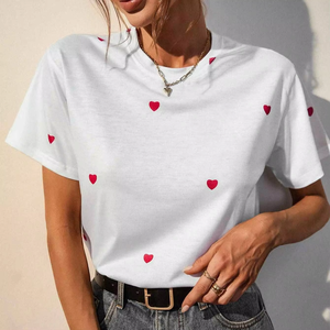 Top Corto Bordado con Corazón Blanco para Mujer, Manga Corta, Cuello Redondo, Ajustado, Informal, Primavera Verano - Product Image 5