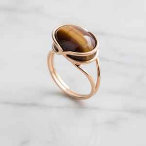 Anillo de plata de ley 925 chapado en oro de 14 quilates con ojo de tigre, joyería artesanal con piedras preciosas para mujer, regalo. - Product Image 4