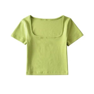 Women's Cropped <b>T</b>-Shirt Short Sleeve <b>Square</b> Collar Solid Color Casual Style Knitted Slim Fit Spring Summer Wear - Product Image 6