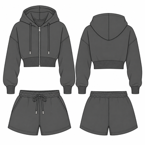 Women's Cropped <b>Zip</b> Hoodie <b>Shorts</b> Set Grey Two Piece Loungewear Custom Logo Manufacturer - Product Image 2