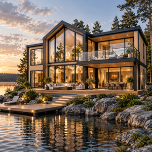 Villa moderna de madera con paredes de vidrio, diseño frente al lago, espacio habitable de dos pisos, terraza exterior y brasero. - Product Image 1