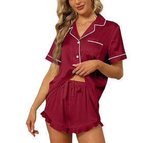 Ensemble de pyjama rose pour femmes, manches courtes, col rabattu, taille élastique, fermeture à boutons, vêtements de nuit décontractés, style été, spandex/coton - Product Image 1