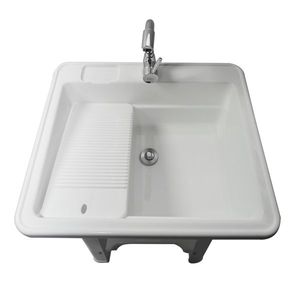 Évier utilitaire autoportant en plastique blanc, kit d'évier profond à encastrer avec tuyau d'arrivée et drain pour usage extérieur ou buanderie - Product Image 6