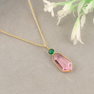 Collar al por mayor de oro de 18 quilates con colgante de cuarzo rosa de corte elegante y engaste de cuarzo hidrotermal, doble piedra, para mujer - Product Image 3