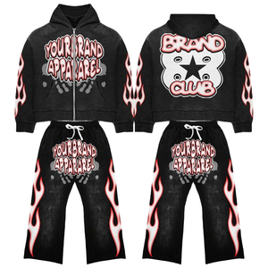 High Quality Custom Vintage Tracksuit Men <b>Women</b> Distressed Unisex Sweatsuit Men Acid Wash <b>Jogger</b> Flare Sweatpants and Hoodie <b>Set</b> - Product Image 4