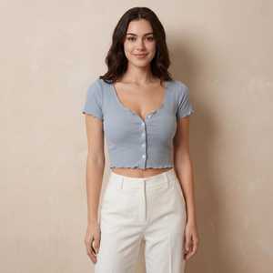 Women's Light Blue Ribbed <b>Cropped</b> <b>Top</b> With Button Front V-Neck Short Sleeve Slim Fit Casual Spring Summer Wear - Product Image 2