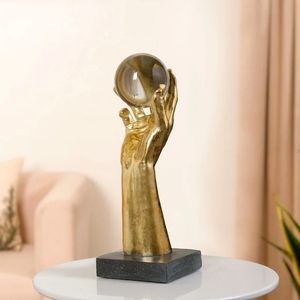 Figurine dorée de style moderniste avec globe en cristal décoratif et base solide et lourde pour bureau, armoire et étagère - Product Image 6