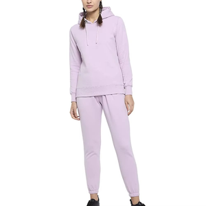 Conjunto Deportivo para Mujer, Color Morado Claro, con Capucha, Manga Larga, Diseño Sólido, Corte Holgado Informal, Sudadera y Pantalones con Bolsillos Laterales - Product Image 1
