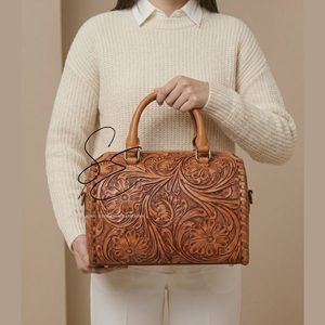 Sac de voyage en cuir véritable Western, sac de voyage en cuir repoussé avec fermeture éclair et bandoulière, sac Speedy tendance en cuir de vachette de taille moyenne pour cowgirl - Product Image 4