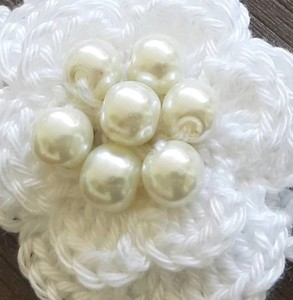 White crochet baby <b>headband</b> with white pearl <b>beaded</b> flower - Product Image 2