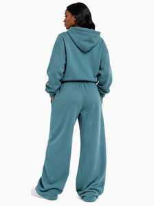   Ensemble de survêtement surdimensionné bleu sarcelle avec broderie personnalisée, sweat à capuche et pantalon de jogging à jambes larges en molleton épais pour femme, OEM - Product Image 3
