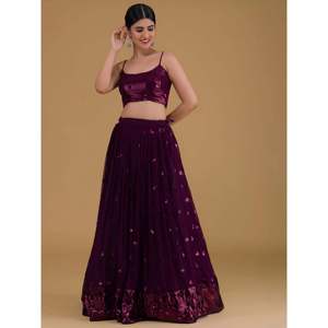 Purple <b>Sequins</b> Georgette Sangeet Lehenga Choli with Crystal Beading & Appliques - Product Image 5
