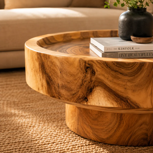 Minimalist Japandi Solid Suar <b>Wood</b> <b>Round</b> <b>Coffee</b> <b>Table</b> Tray Top Raised Edge Pedestal Handmade Natural Grain Furniture - Product Image 6