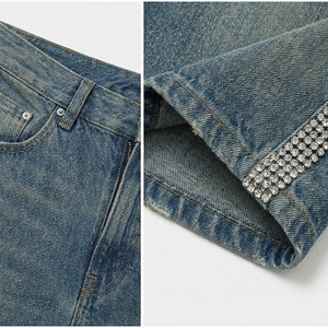 Customized Men's 100% Cotton Raw Hem Classic Pocket Fashion Light <b>Blue</b> Denim Crystal Embellished Denim Shorts - Product Image 6