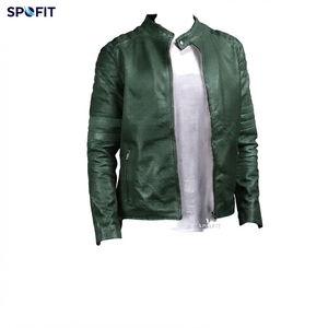 SPOFIT <b>Men's</b> Breathable Genuine <b>Leather</b> Moto <b>Jacket</b> Stand Collar Zipper Closure Color Blocking Design Slim Fit Autumn Wear - Product Image 5
