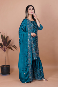 Chinon Silk Sequin <b>Kurti</b> Flowy Sharara Heavy Embroidered Dupatta Stitched Women Three Piece Wedding Salwar Suit Set - Product Image 3