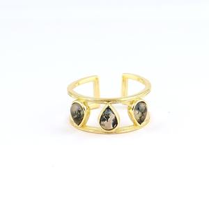 Anillo ajustable de ágata musgosa chapado en oro, de banda ancha, a la moda, con piedra natural, de latón, abierto, colección de joyería unisex. - Product Image 1