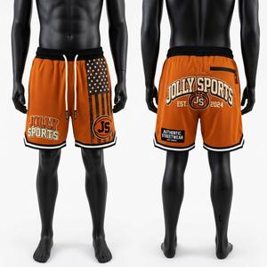 Shorts de basket-ball pour hommes 180 GSM en polyester premium, maille orange, panneau latéral noir, impression drapeau, broderie, logo personnalisé - Product Image 1