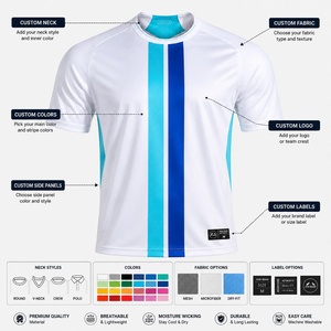 Maillot de football blanc pour homme avec rayures bleues, sublimé, anti-transpiration, manches courtes, col rond, vêtements de sport - Product Image 5