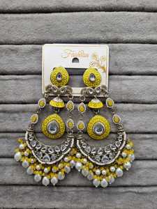 Lucentarts Jewel Green Meenakari Chandbali Jhumka <b>Earring</b> Pearl Beads <b>Dangle</b> <b>Earring</b> Traditional Indian Bridal Jewelry Wholesale - Product Image 3