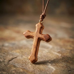 Collier pendentif croix en bois fait main, écologique et spirituel, en bois foncé, bijou de foi moderne avec cordon en coton, élégant pour le quotidien - Product Image 1