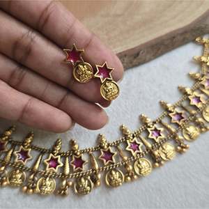 18K Gold Plated Oxidized Polish Casual Star Palakka Choker with Ruby Zircon and Pearl - Product Image 2