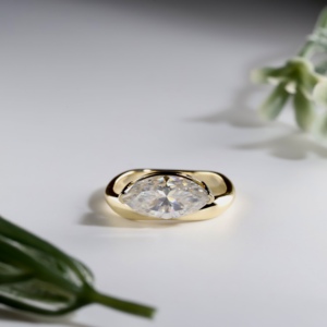 Classic Yellow Gold Marquise Cut Lab Grown Diamond Engagement Ring Unique Architectural Geometric Hollow Setting Wavy Contoured - Product Image 1