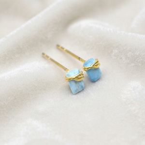 Ratnarachit Handmade Wire Wrapped <b>Turquoise</b> <b>Stud</b> <b>Earrings</b> 14K Gold Plated Brass Baguette Cut Minimalist Gift - Product Image 3