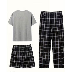 Conjunto Cómodo de Camiseta, Pantalones Cortos y Pantalones Largos - Lavable a Máquina, Tela Elástica, Diseño a Cuadros Opaco, Ropa de Estar por Casa - Product Image 5